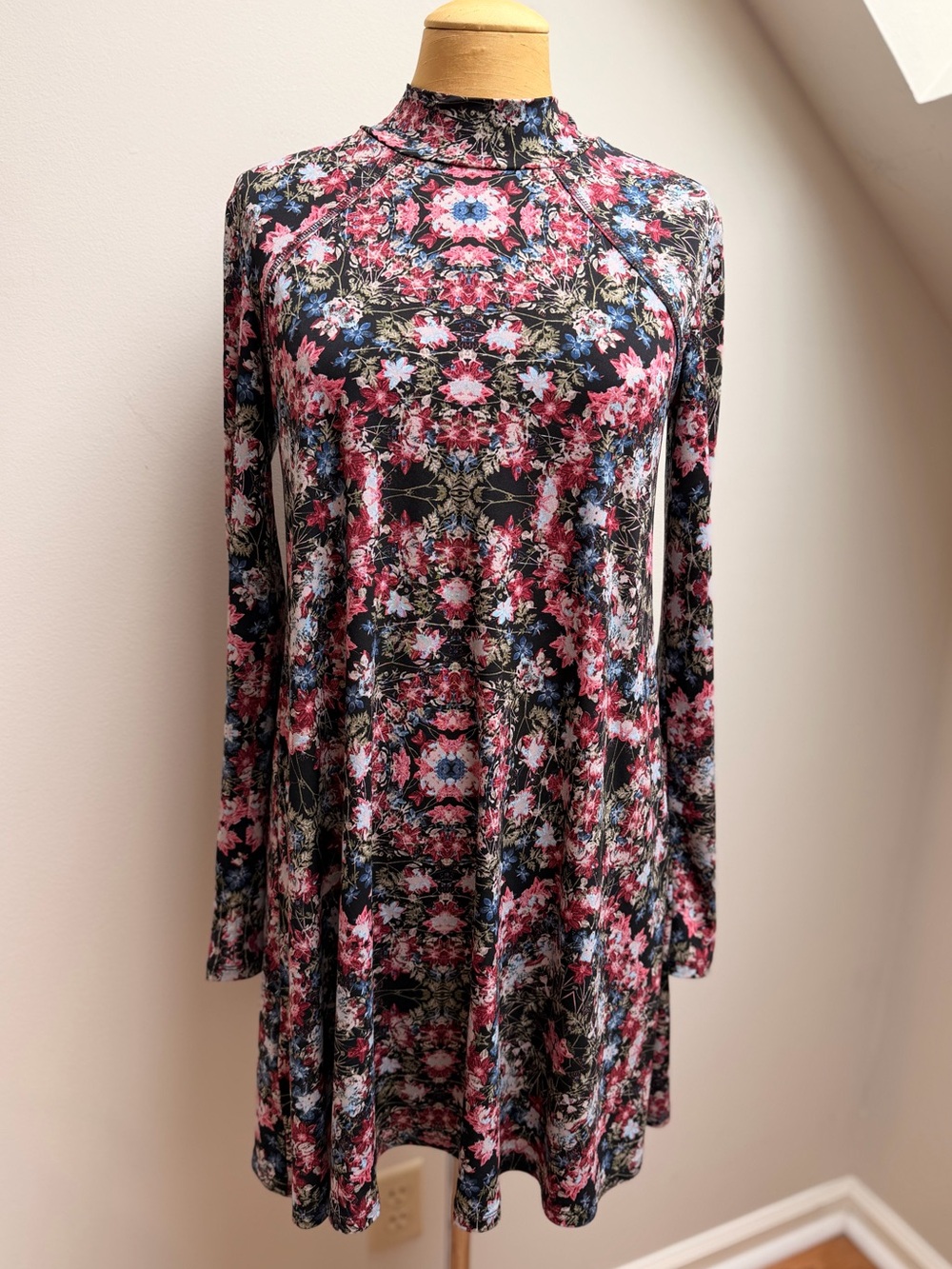 BCBGeneration Mock Neck Floral Swing Dress in Pink and Black Boho Print